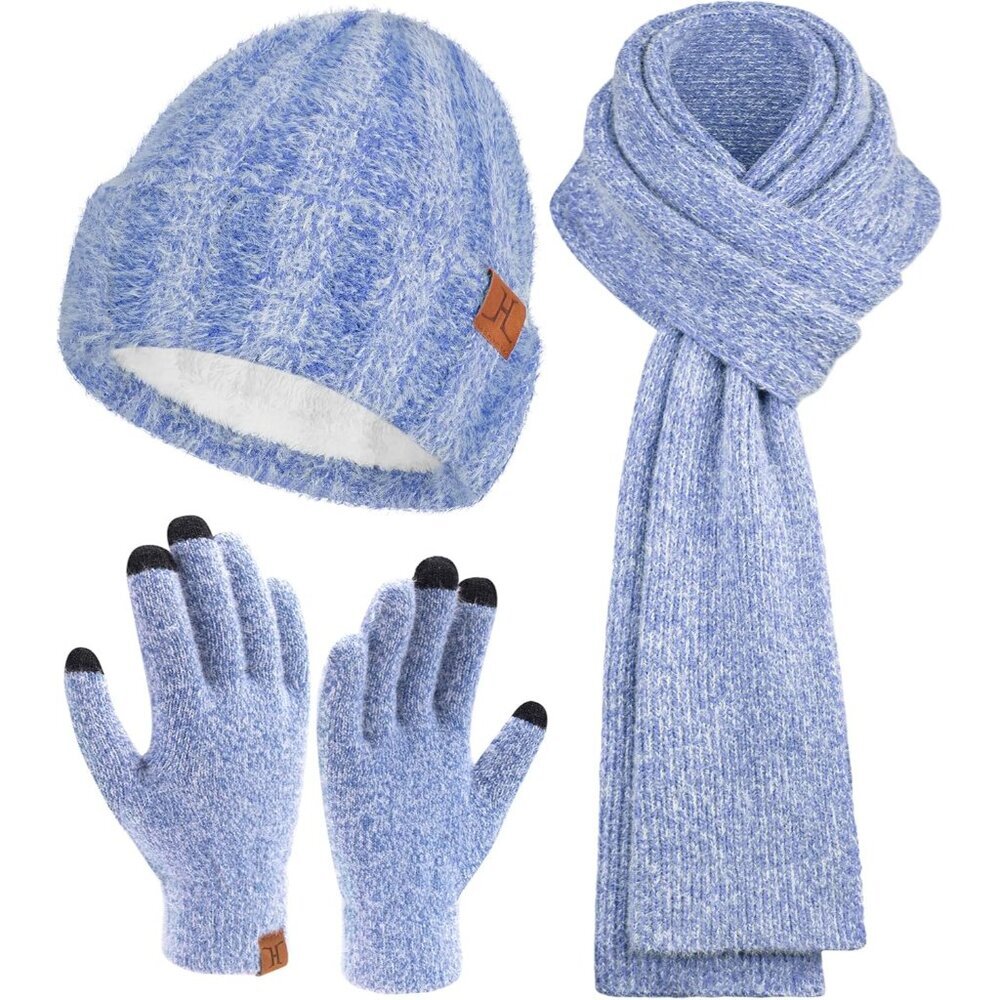 Womens Winter Warm Knit Beanie Hat Touchscreen Gloves Long Neck Scarf Set with F